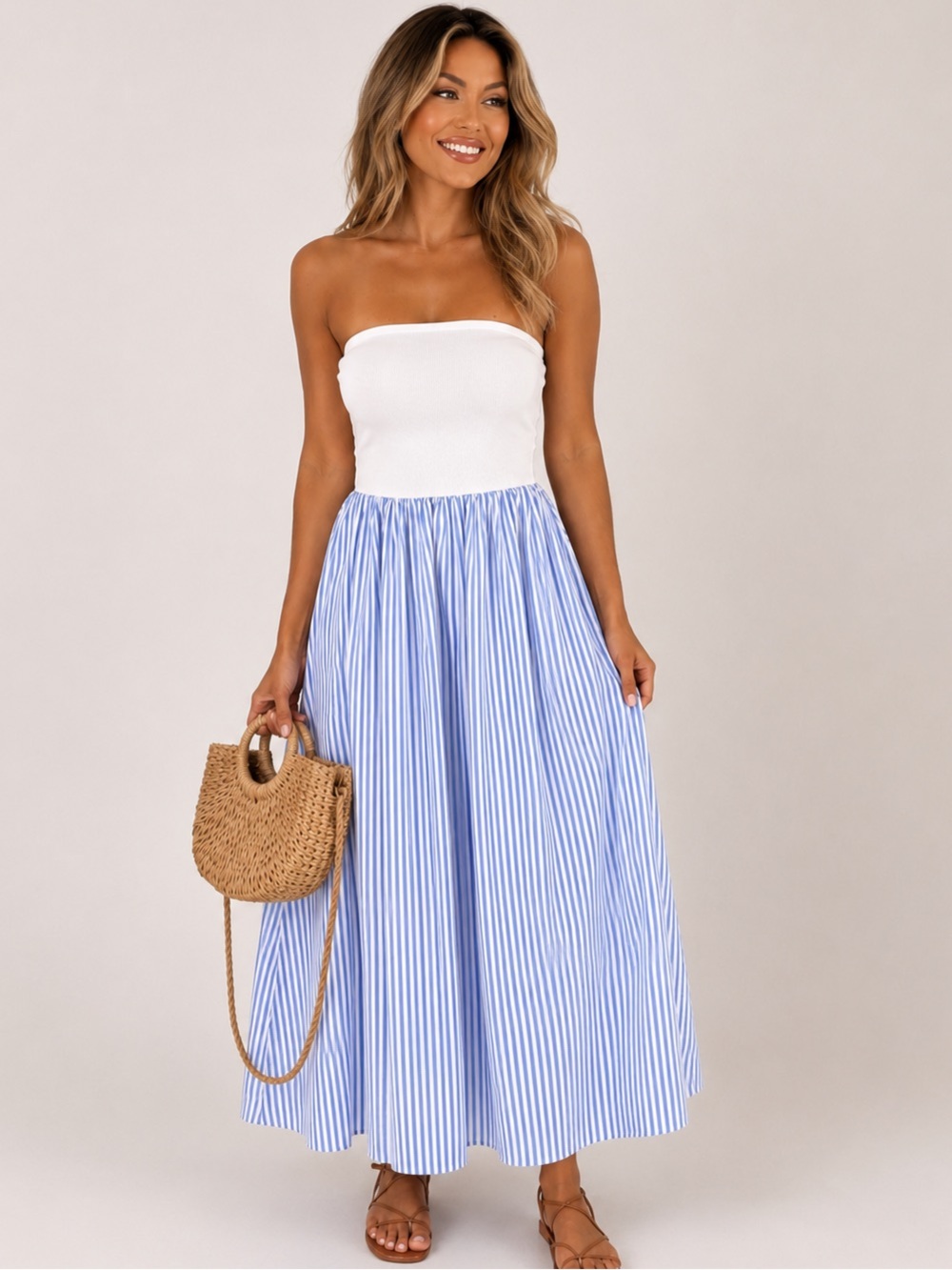 THIRTYWAY Reese Contrast Maxi Blue White Striped Maxi Dress